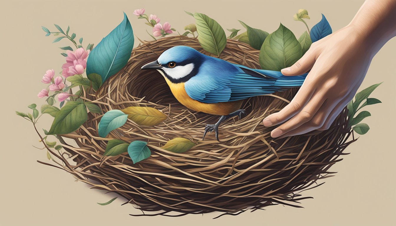 A hand reaches for a bird's nest among various trusted brands