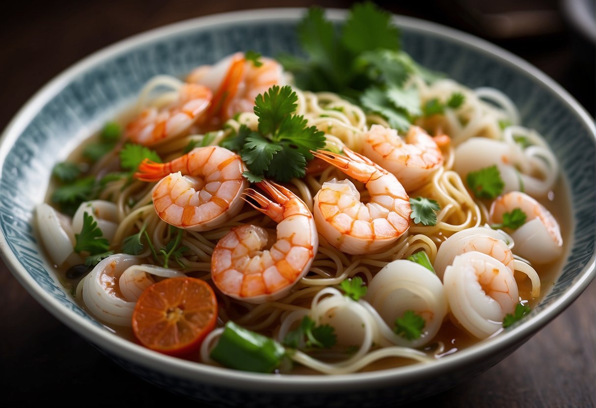 A steaming bowl of Chinese seafood noodles, filled with shrimp, squid, and fish, garnished with green onions and cilantro, surrounded by chopsticks and a spoon