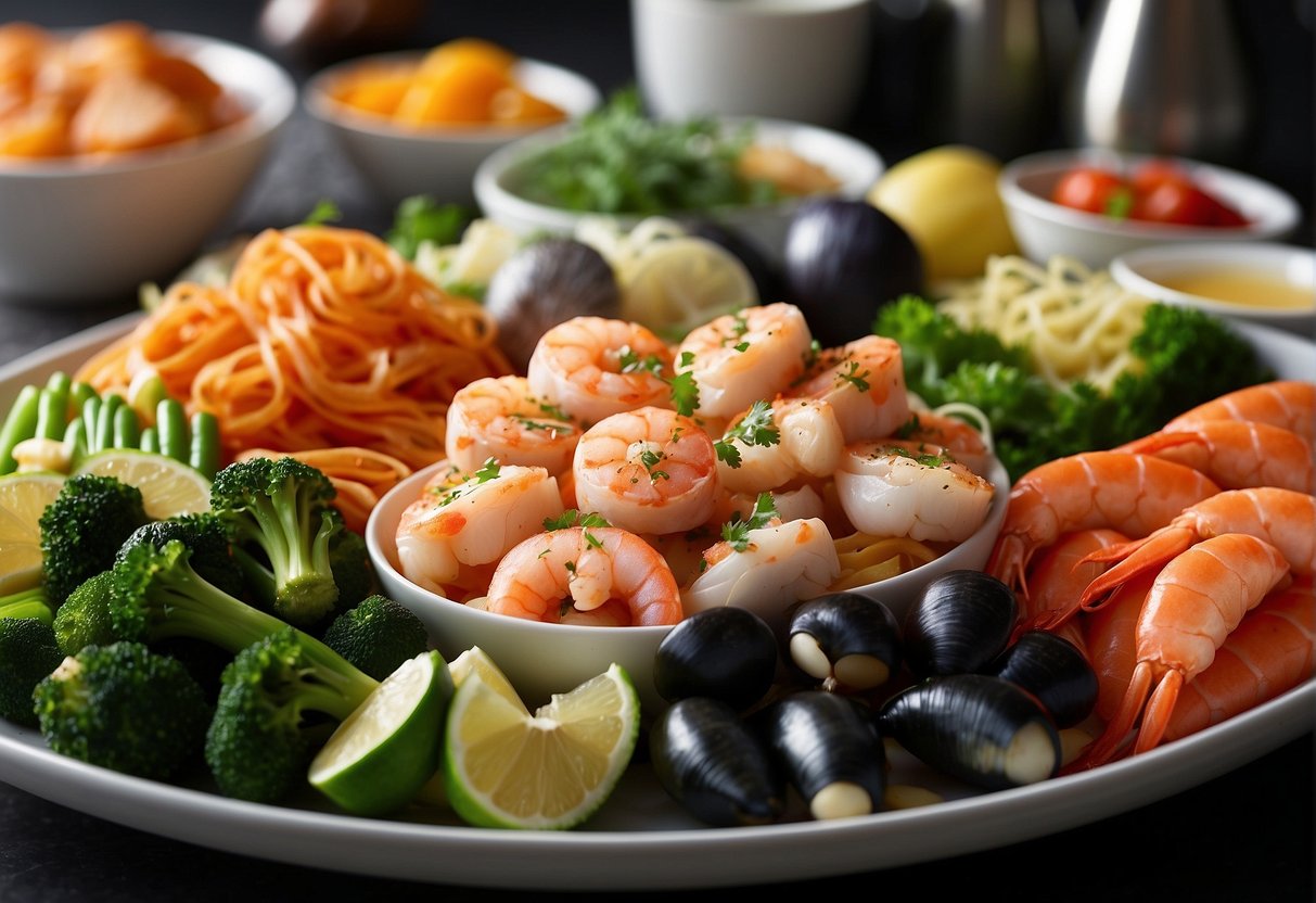 A variety of fresh seafood, vegetables, and noodles arranged on a clean, well-lit kitchen counter