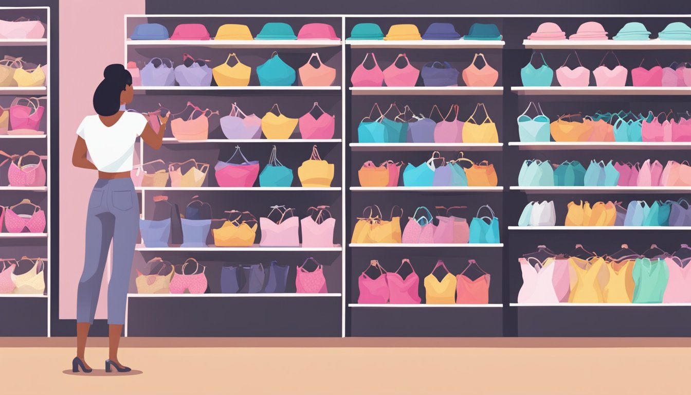 A display of various bra brands on shelves, with colorful and stylish designs. Customers browsing and comparing different sizes and styles