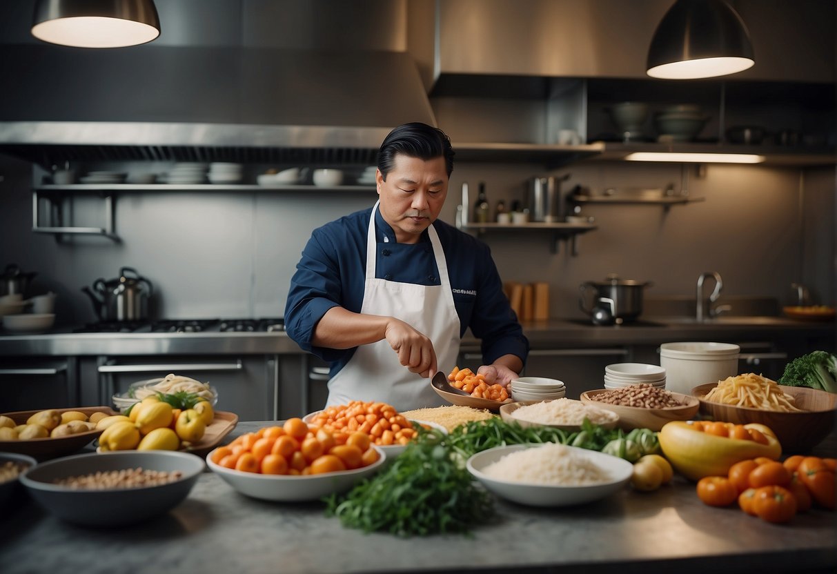A chef gathers ingredients, including fresh seafood, noodles, and aromatic spices, on a clean kitchen counter