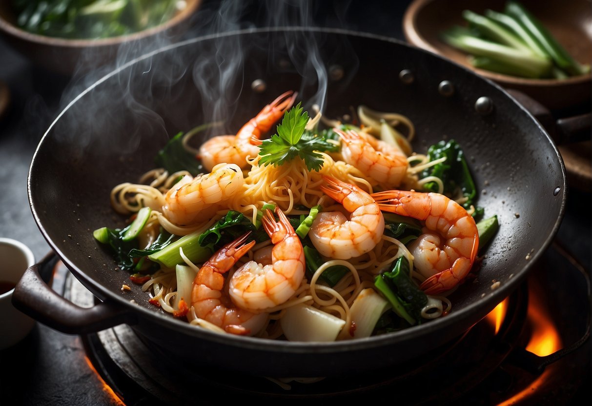 A wok sizzles with prawns, squid, and bok choy. Steam rises as the chef tosses in noodles and a medley of aromatic sauces