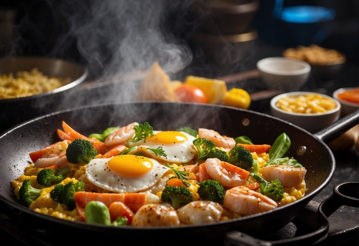 A sizzling wok holds a medley of fresh seafood, eggs, and vibrant vegetables, expertly folded into a golden, fluffy omelette