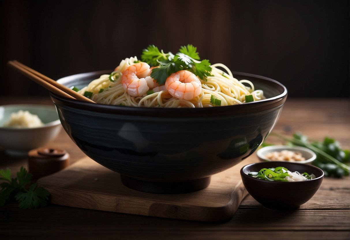 A steaming bowl of Chinese seafood noodles, garnished with fresh cilantro and sliced green onions, sits on a rustic wooden table. A pair of chopsticks rests beside the bowl