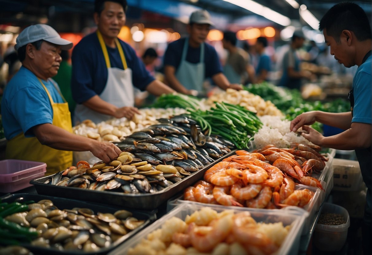 A bustling Chinese seafood market with vendors selling fresh fish, shrimp, and clams, surrounded by colorful ingredients like ginger, scallions, and soy sauce