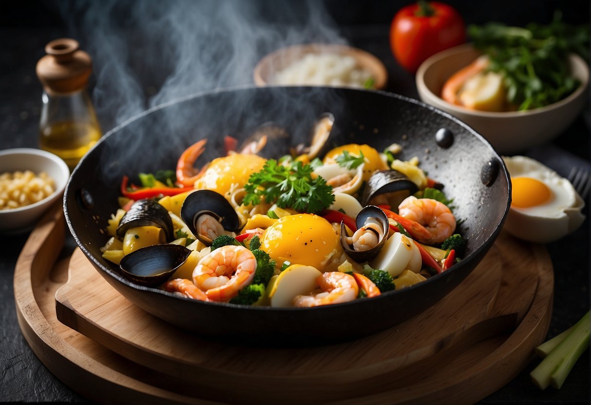 A sizzling hot wok filled with a colorful mix of fresh seafood, eggs, and vibrant vegetables, creating a mouthwatering Chinese seafood omelette