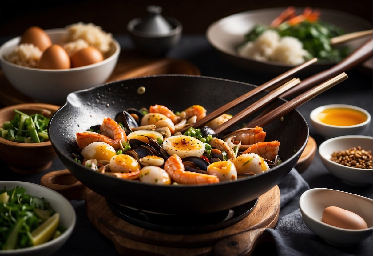 A wok sizzles with oil, surrounded by bowls of seafood and eggs. Chopsticks and a spatula rest nearby, ready for action