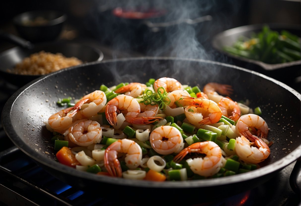 A wok sizzles with shrimp, squid, and green onions. Eggs are beaten in a bowl, ready to be poured over the sizzling seafood