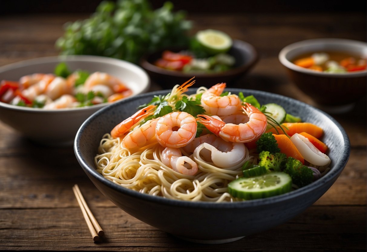 A steaming bowl of Chinese seafood noodles sits on a rustic wooden table, surrounded by vibrant ingredients and chopsticks. The noodles are topped with succulent shrimp, tender squid, and fresh vegetables, all bathed in a fragrant and savory broth