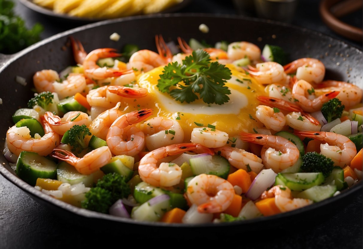 A sizzling wok with a colorful mix of shrimp, squid, and vegetables being folded into a fluffy egg mixture, creating a mouthwatering Chinese seafood omelette