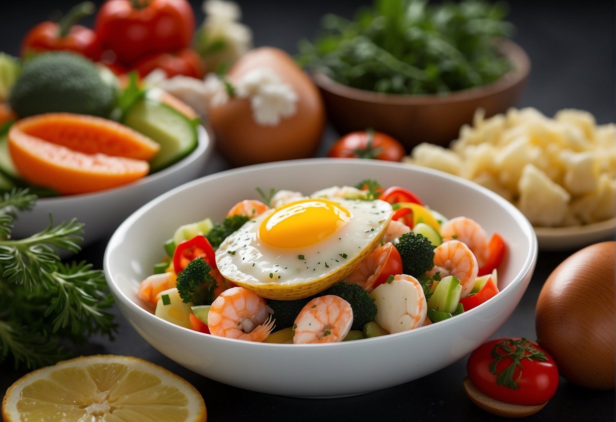 A colorful array of fresh seafood, eggs, and vibrant vegetables arranged on a clean, white surface with a clear label displaying "Nutritional Information chinese seafood omelette recipe"
