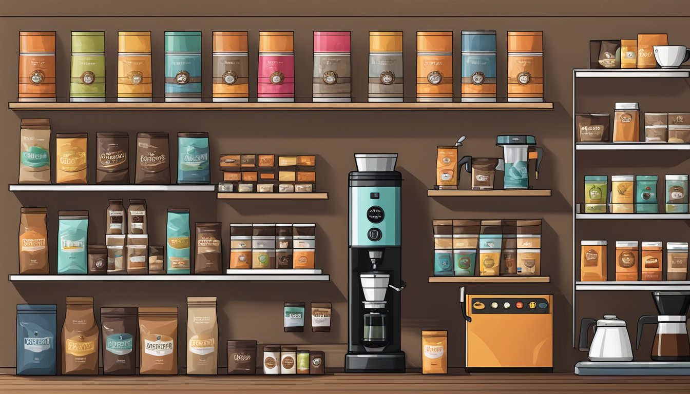 Various coffee brands displayed on shelves with colorful packaging and logos. A coffee grinder and brewing equipment sit nearby