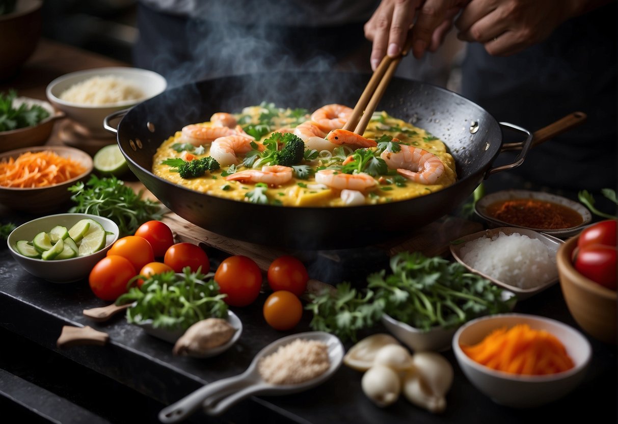 A sizzling wok cooks a colorful Chinese seafood omelette, surrounded by fresh ingredients and traditional cooking utensils