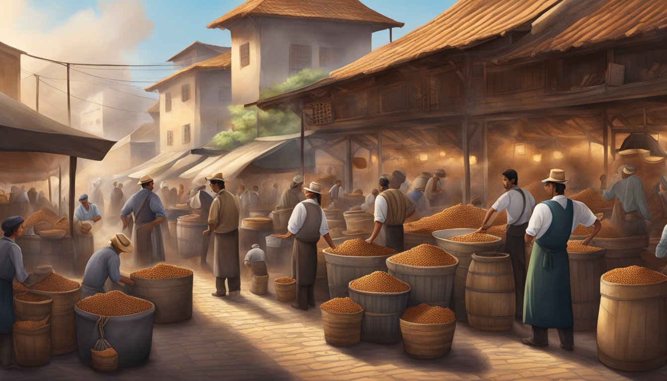 A bustling marketplace with traders from around the world exchanging sacks of coffee beans, while a roasting house billows fragrant smoke in the background