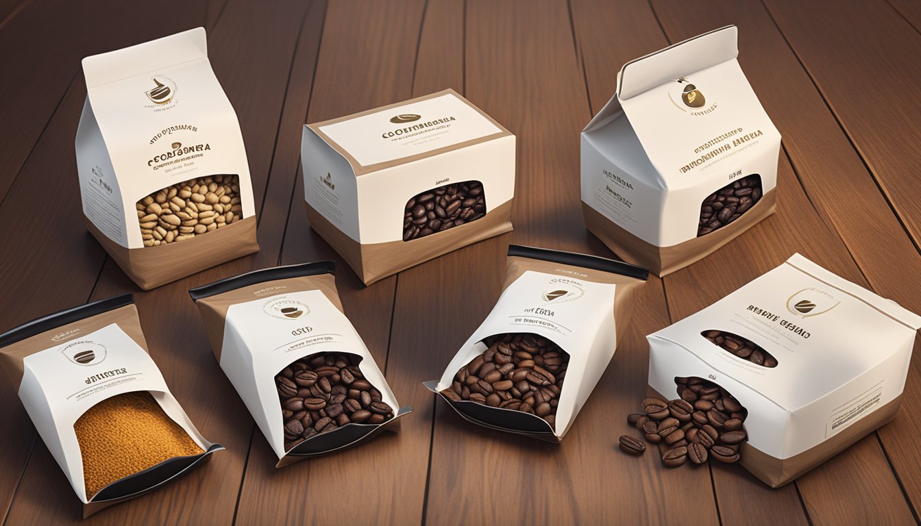 A variety of coffee roasts displayed on a wooden table, with branded packaging and labels visible