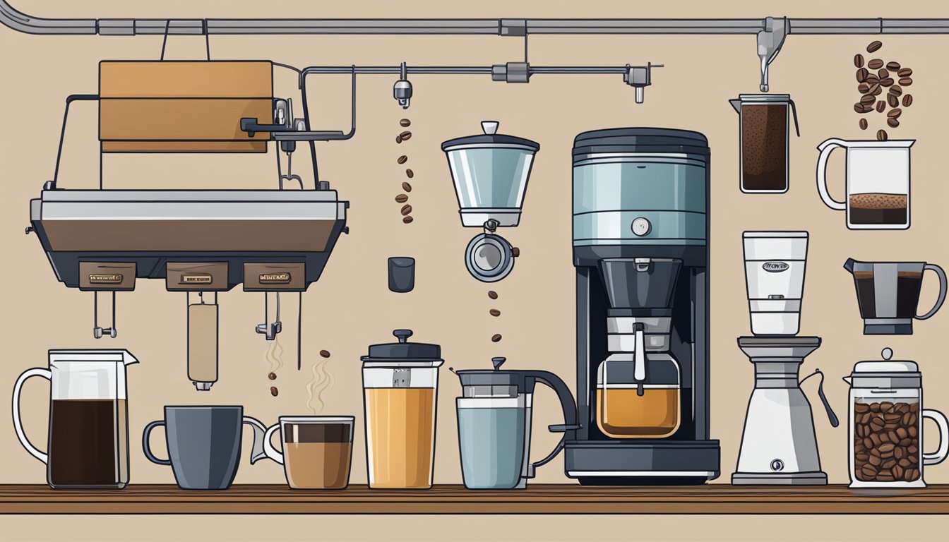 A table with various coffee brewing equipment, including French press, pour-over, and espresso machine. Bags of coffee beans from different brands are displayed next to the equipment