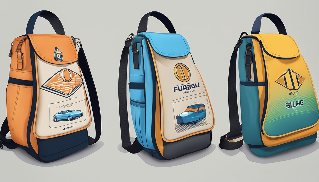 A series of sling bags, each with a different design and brand logo, arranged in a row from oldest to newest