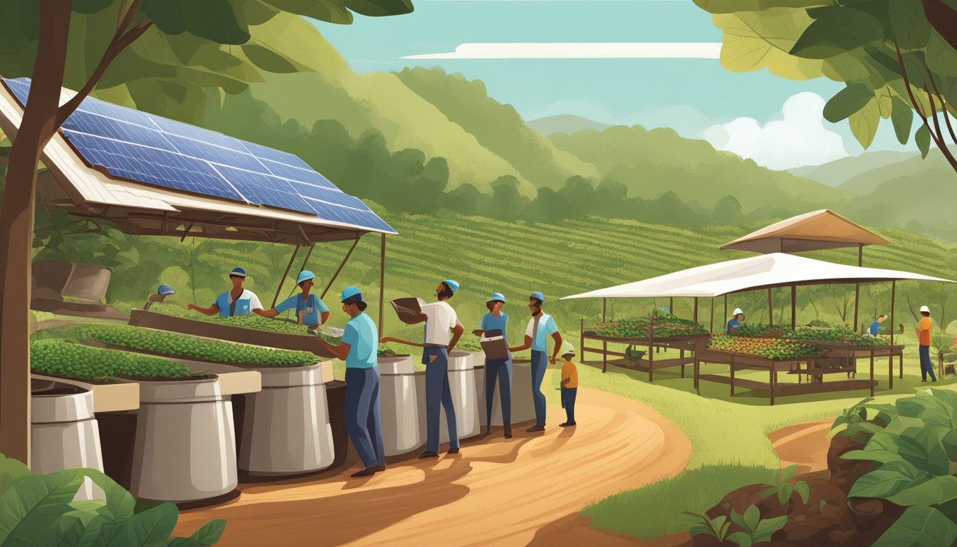 A bustling coffee farm with workers harvesting beans under the shade of lush trees, while solar panels and composting stations emphasize sustainability