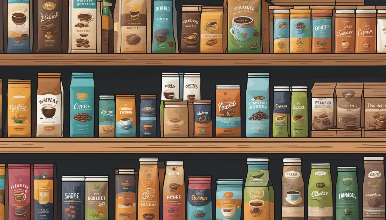 Various coffee brands line shelves, from bold roasts to flavored blends. Bags and cans display logos and enticing product descriptions. A steaming cup sits nearby, inviting customers to savor the diverse offerings