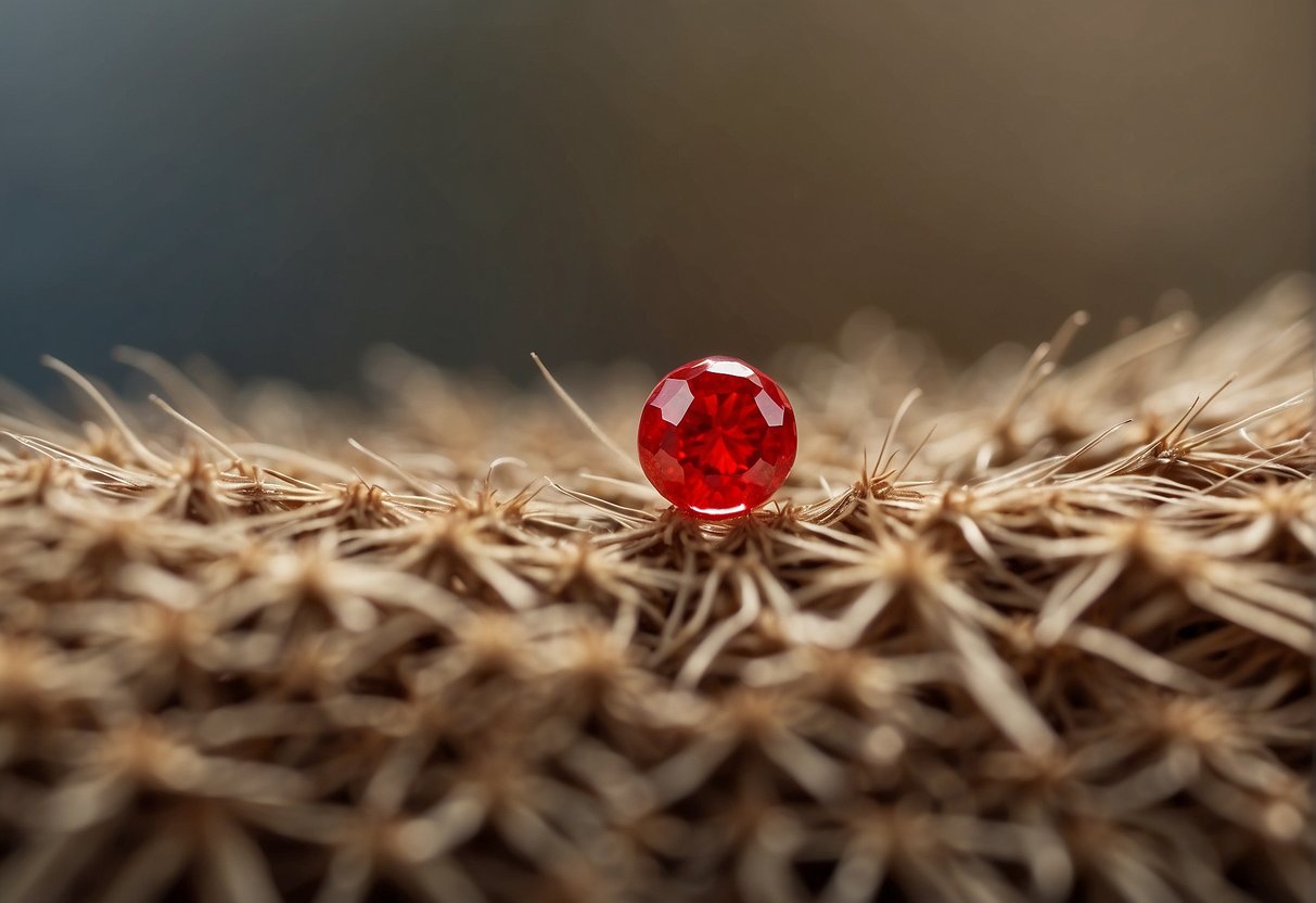 A close-up of a single red pimple on a hairy area