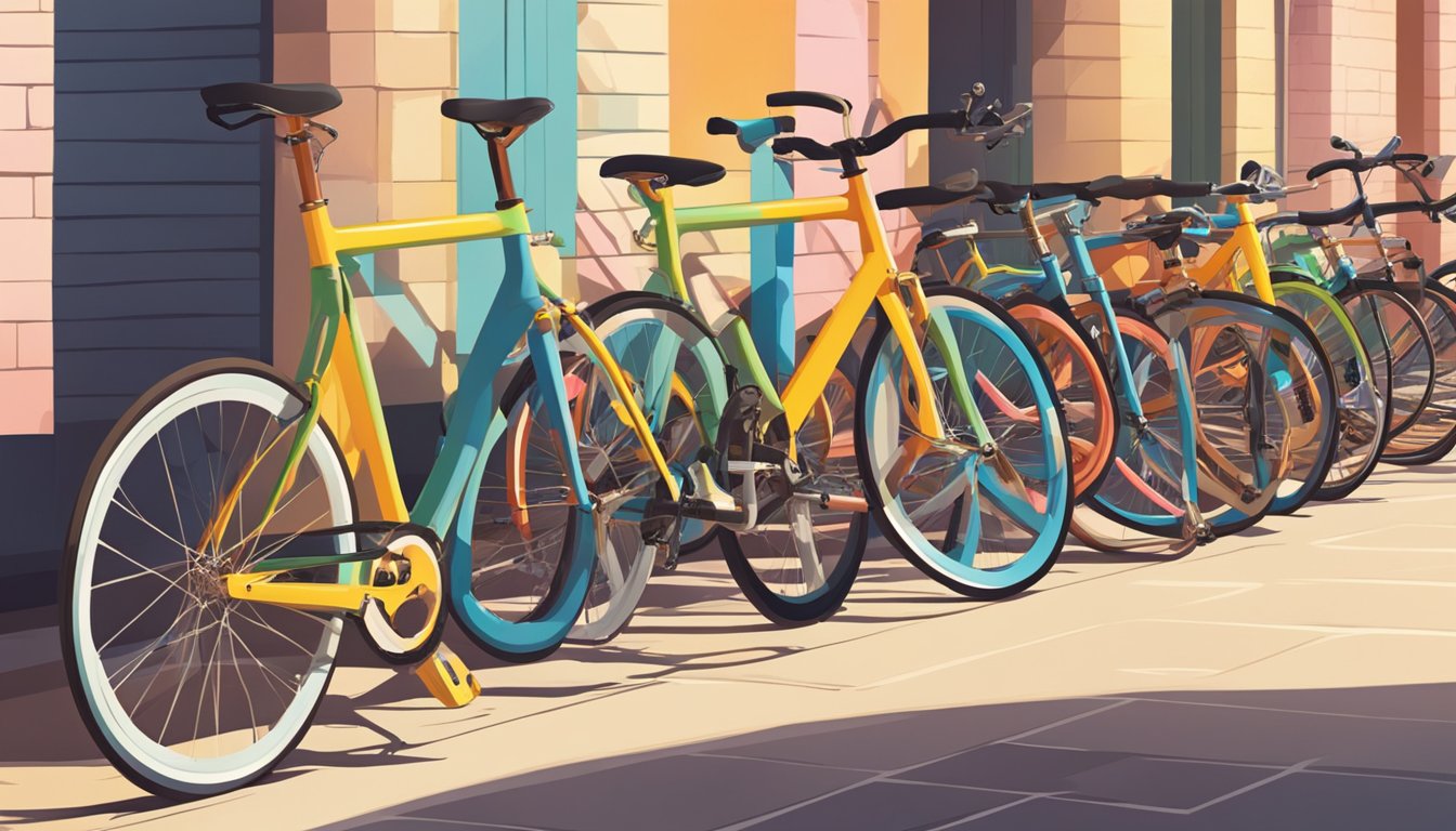 Brightly colored fixie bikes lined up in a row, each with distinct branding on the frame. The sun shines down, casting long shadows on the pavement