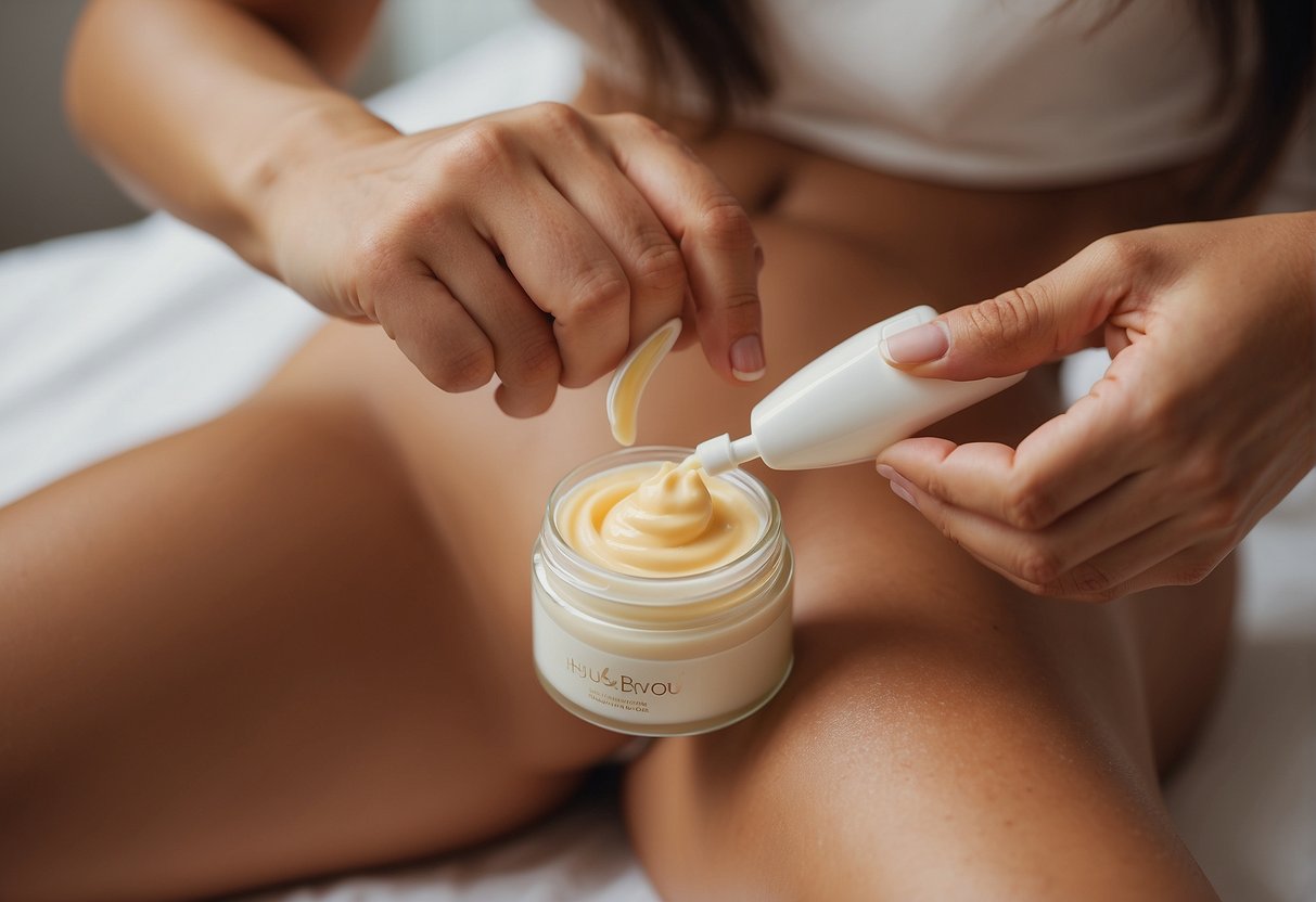 A woman applying hair removal cream to her pubic area, with various hair removal methods and skincare products displayed nearby
