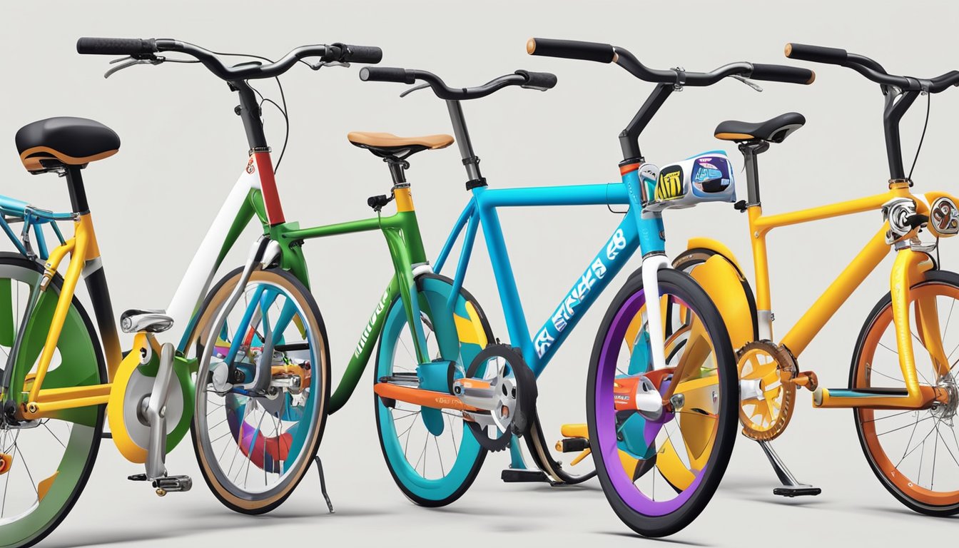 A group of colorful fixie bicycles lined up in a row, each displaying different brand logos and unique designs
