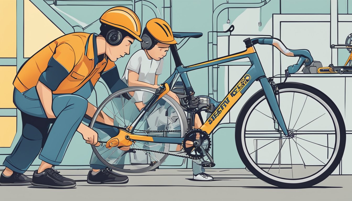 A mechanic tightens bolts on a fixie bike, while a safety inspector checks the brakes. The brand logos are prominently displayed on the frame