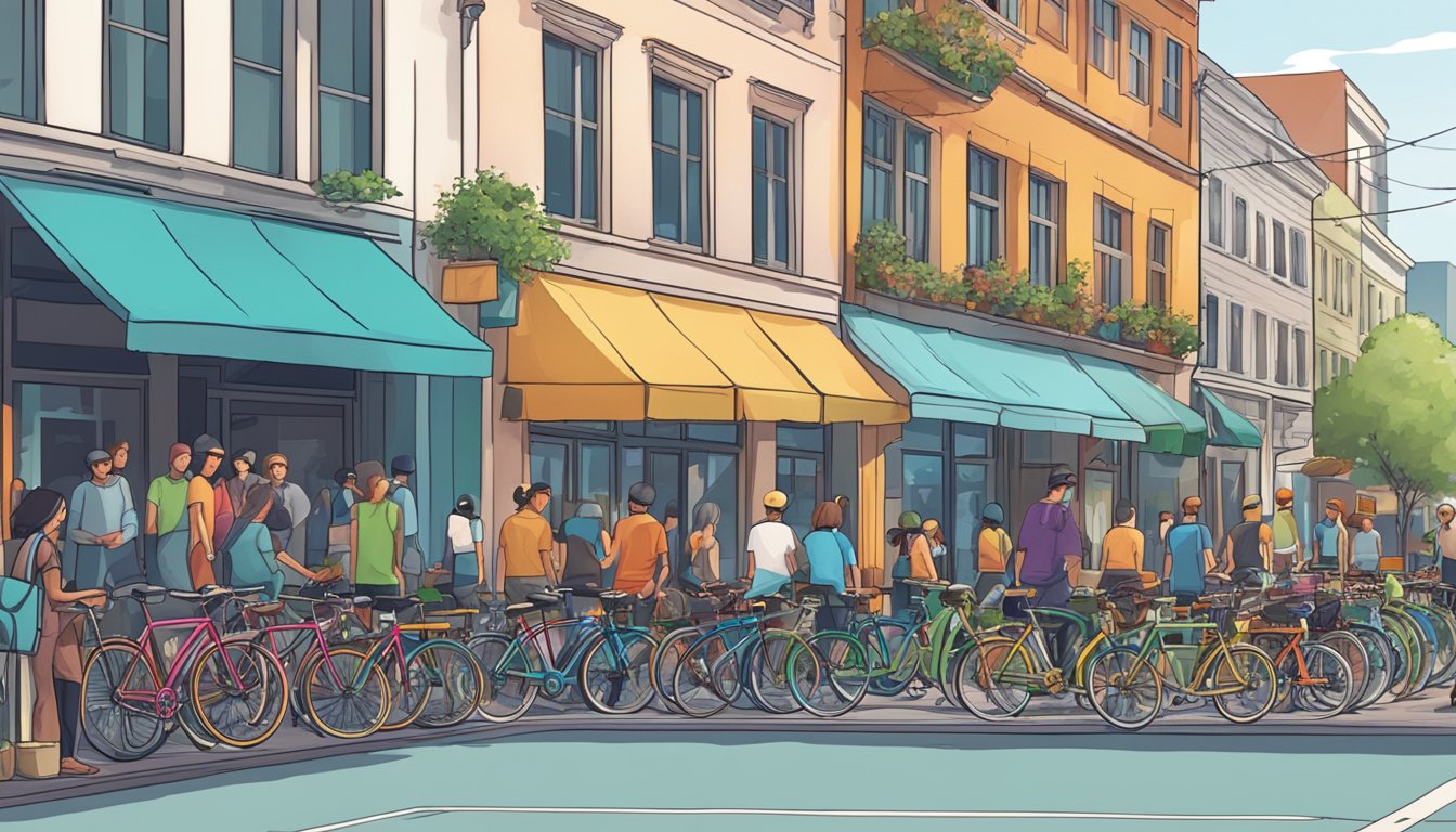 A bustling city street with colorful fixie bikes parked outside trendy shops and cafes, showcasing the vibrant lifestyle and community of fixie brands