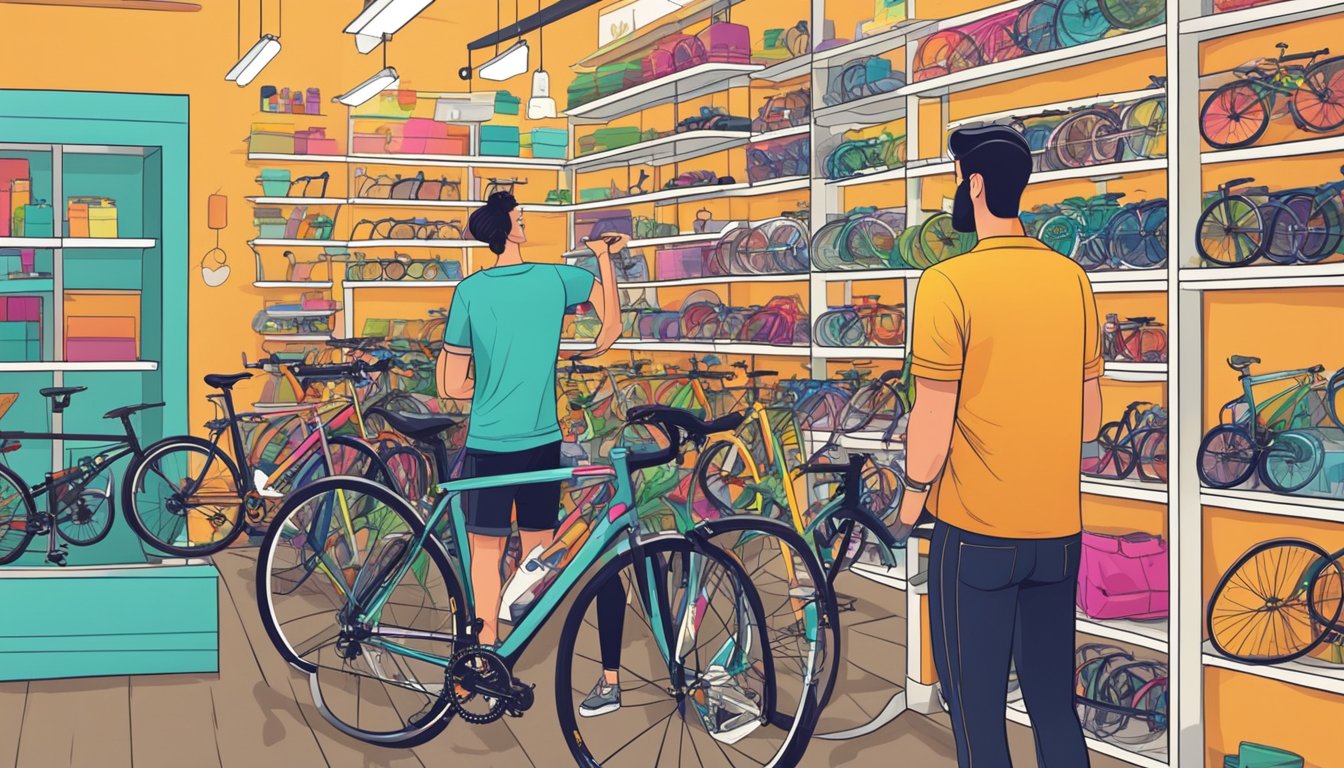 People browsing fixie bikes at a trendy urban bike shop. Shelves lined with colorful frames and accessories. A salesperson assisting a customer
