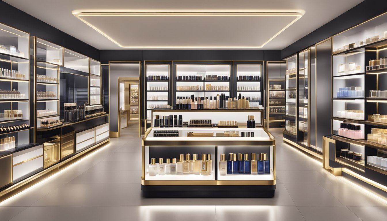 The Estee Lauder brands displayed on elegant, illuminated shelves in a modern and luxurious cosmetic store