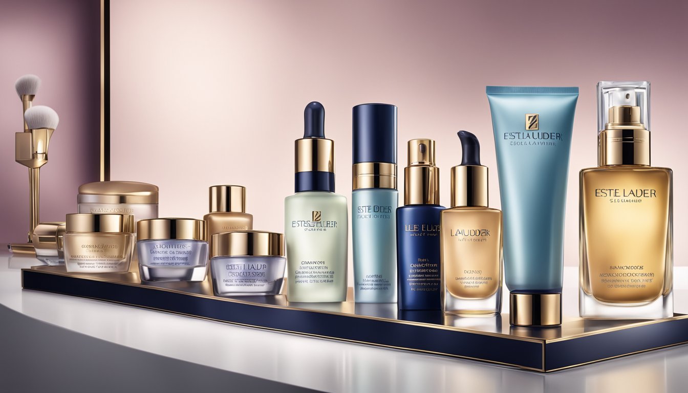 A collection of Estee Lauder brand products displayed on a sleek, modern cosmetic counter. Bright lighting highlights the elegant packaging and luxurious textures