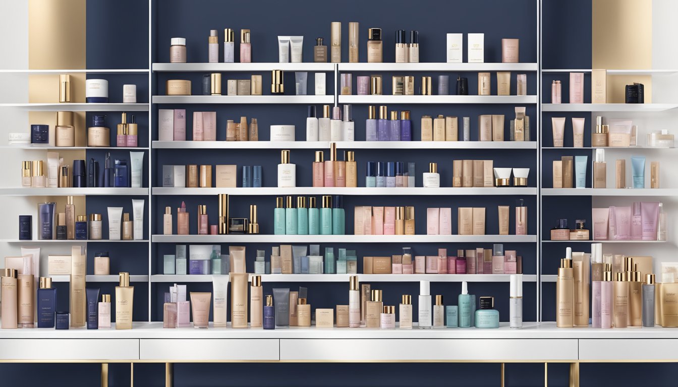 A display of Estee Lauder brand product lines arranged on a sleek, modern shelf with elegant packaging and logo prominently featured