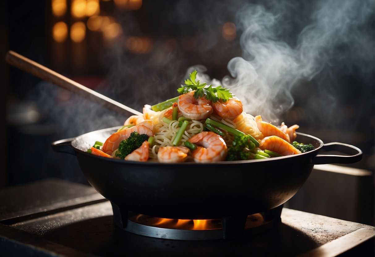 A steaming wok sizzles with fresh seafood, ginger, and scallions, while a fragrant blend of soy sauce and spices fills the air