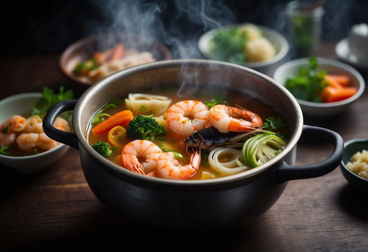 A steaming pot of Chinese seafood soup with prawns, fish, and vegetables simmering in a flavorful broth