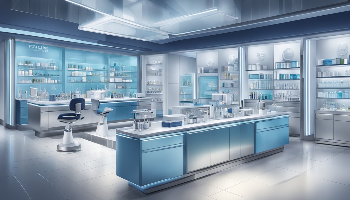 A sleek, modern laboratory with cutting-edge equipment and advanced skincare products on display. The Estee Lauder logo prominently featured