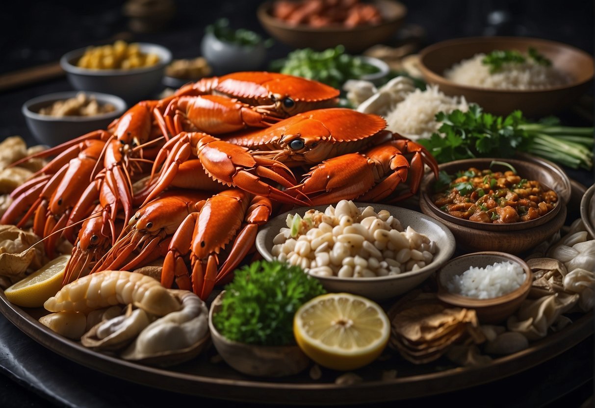 A table filled with live seafood, including crabs, lobsters, and fish, surrounded by traditional Chinese ingredients such as ginger, garlic, and scallions