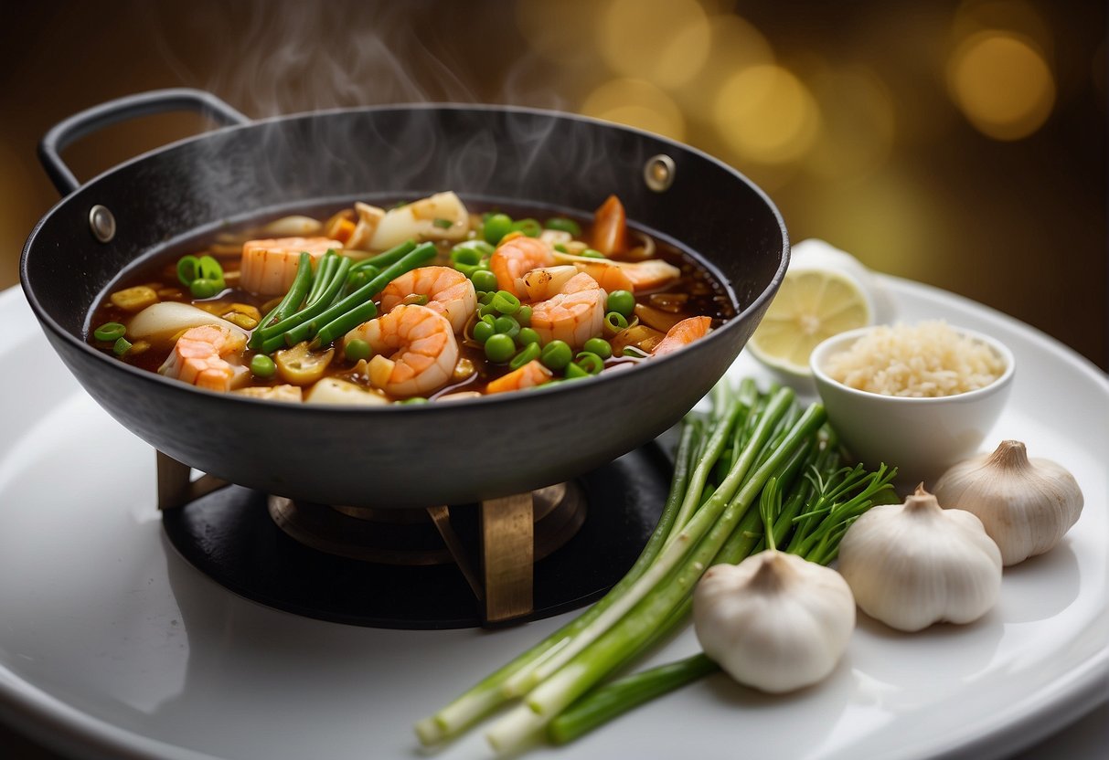 A wok sizzles with ginger, garlic, and scallions. Seafood simmers in a flavorful broth with soy sauce and rice wine
