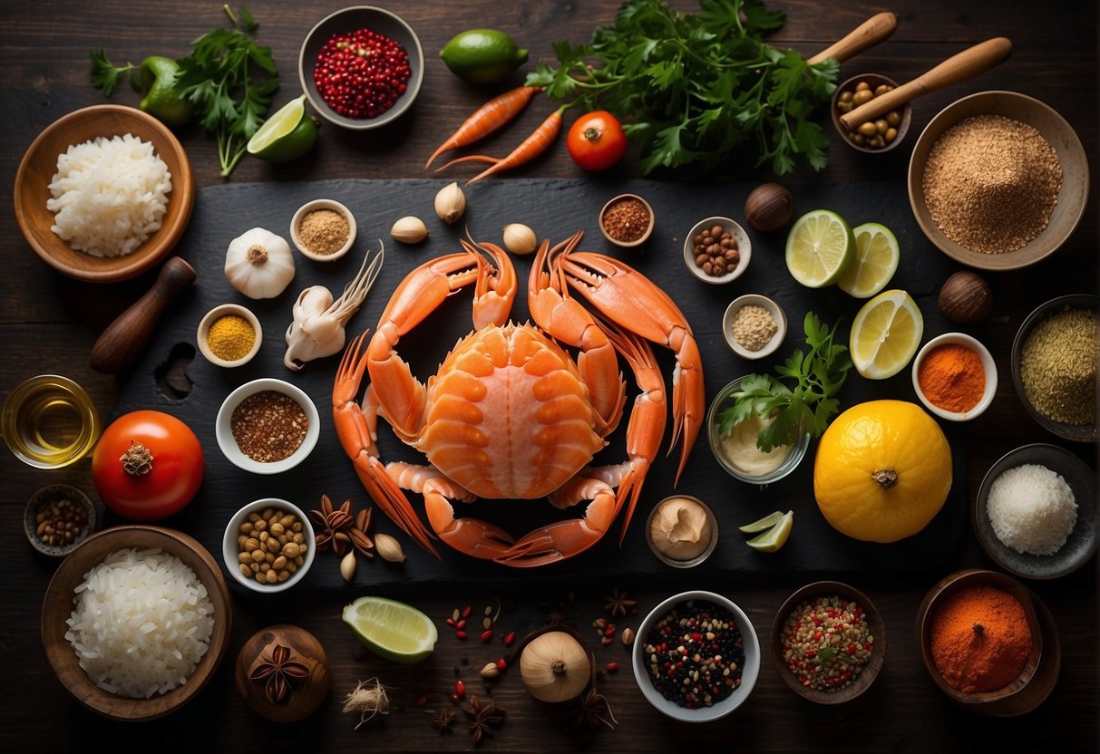 Various seafood ingredients arranged on a cutting board, surrounded by traditional Chinese cooking utensils and spices