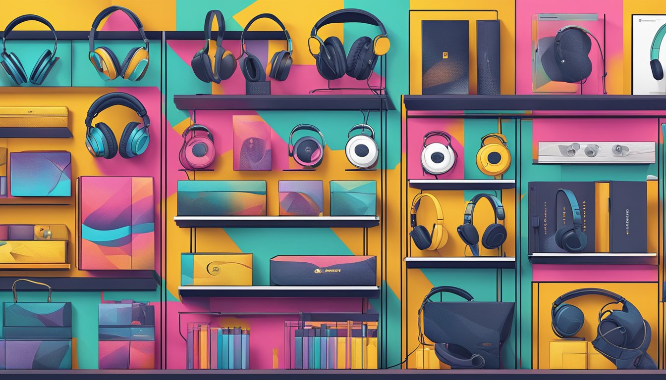 Various headphone brands displayed on shelves with vibrant packaging, surrounded by sleek, modern design elements