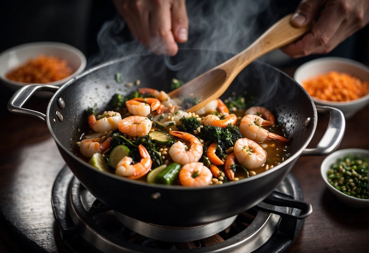 A wok sizzling with oil, a cleaver chopping fresh seafood, a steaming bamboo steamer, and a mortar and pestle grinding spices