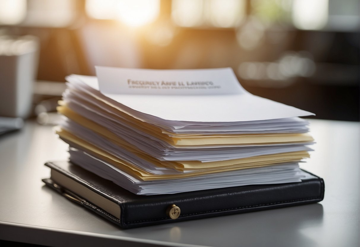A stack of paper with "Frequently Asked Questions: para que sirve el vello pubico femenino" written on top, surrounded by various office supplies