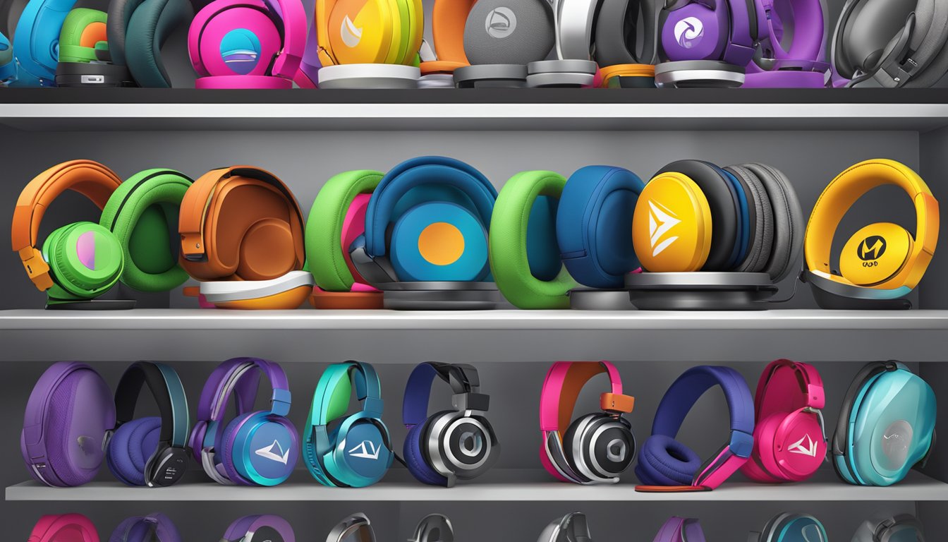 Various top headphone brands displayed on a sleek, modern shelf with bold logos and vibrant colors