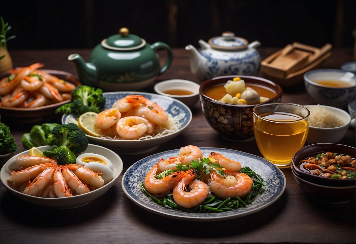 A table set with a variety of Chinese seafood dishes, including steamed fish, stir-fried shrimp, and braised abalone. A teapot and cups sit nearby