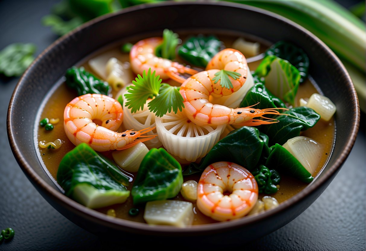 A steaming bowl of Chinese seafood soup surrounded by vibrant green bok choy, plump shrimp, and tender pieces of fish