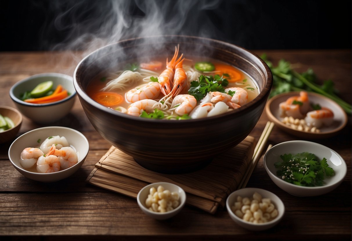 A steaming bowl of Chinese seafood soup surrounded by fresh ingredients and chopsticks on a wooden table