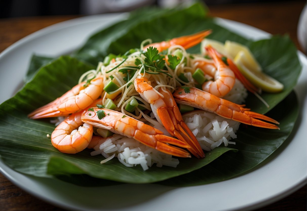 A platter of steamed fish, stir-fried shrimp, and crab legs, garnished with fresh herbs and sliced vegetables, sits on a bed of vibrant green banana leaves