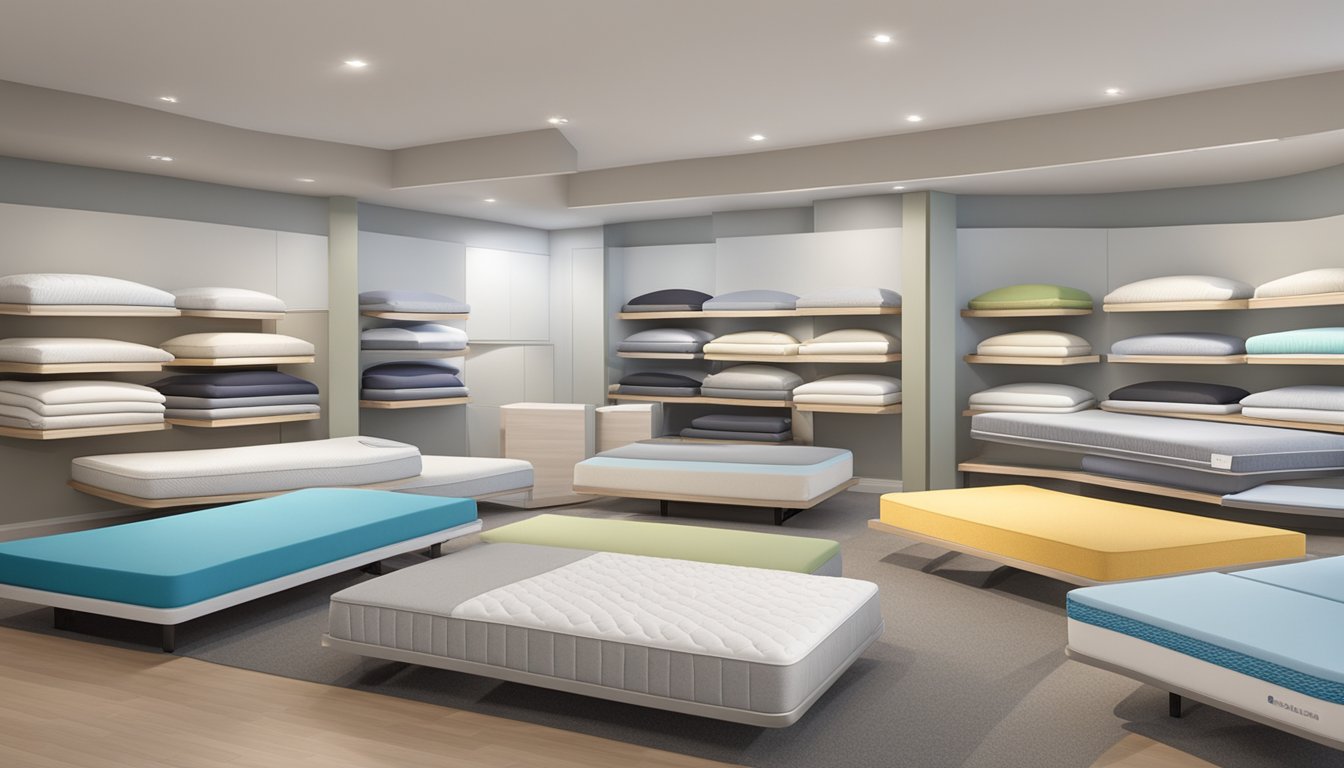 A variety of mattresses, including memory foam, innerspring, and hybrid types, are displayed in a showroom