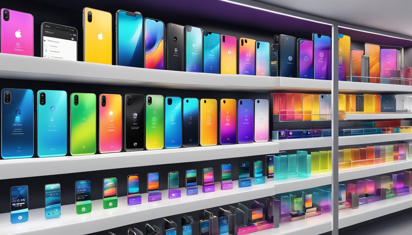 Various phone brands displayed on shelves, with logos and models visible. Bright lighting highlights the sleek designs and vibrant colors