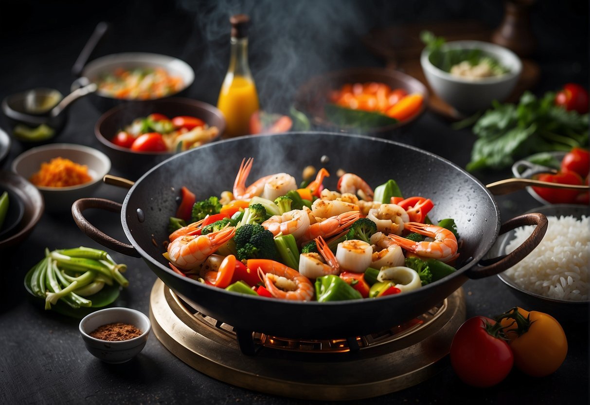 A sizzling wok filled with colorful stir-fried seafood and vibrant vegetables, surrounded by a variety of traditional Chinese cooking utensils and ingredients